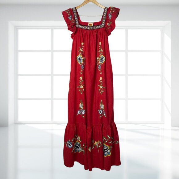 FARM RIO XL Embroidered Linen-Blend Maxi Dress Pockets Boho Festival - Picture 2 of 14